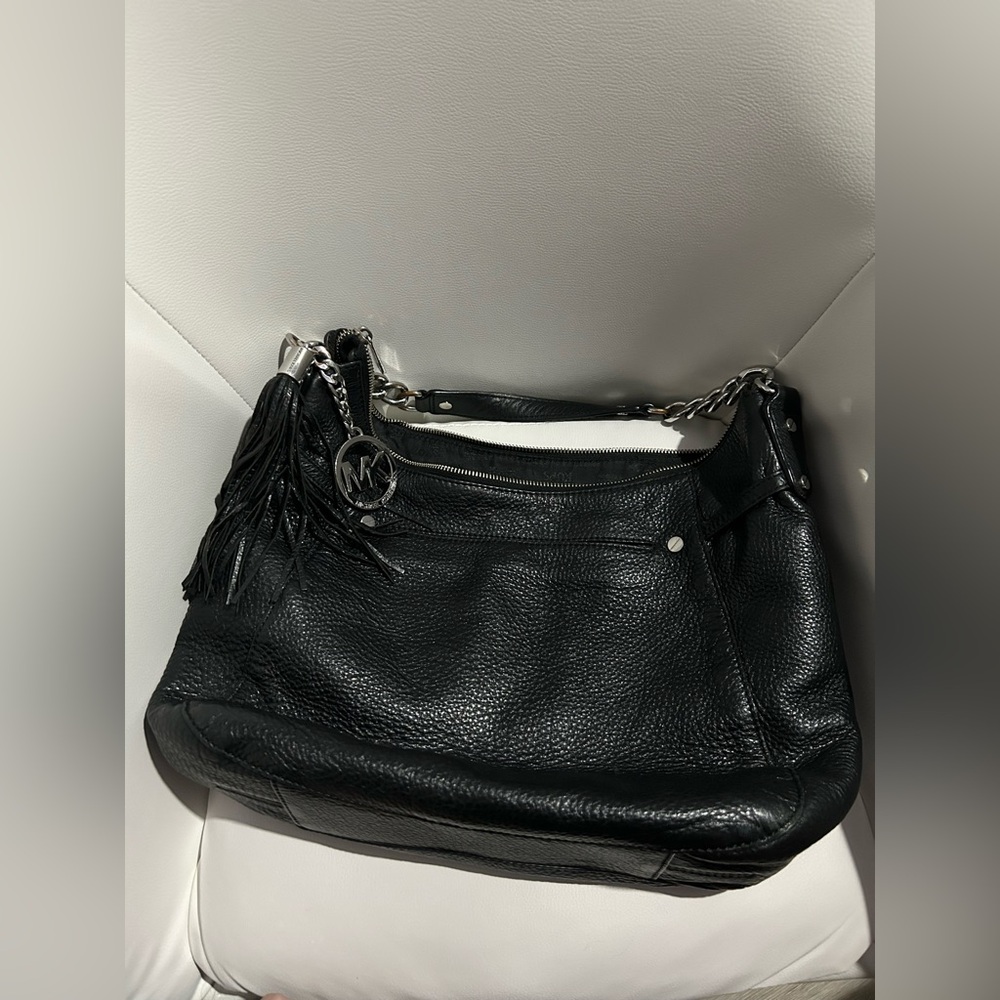Michael Kors Black Leather Shoulder Bag with Chain Detail